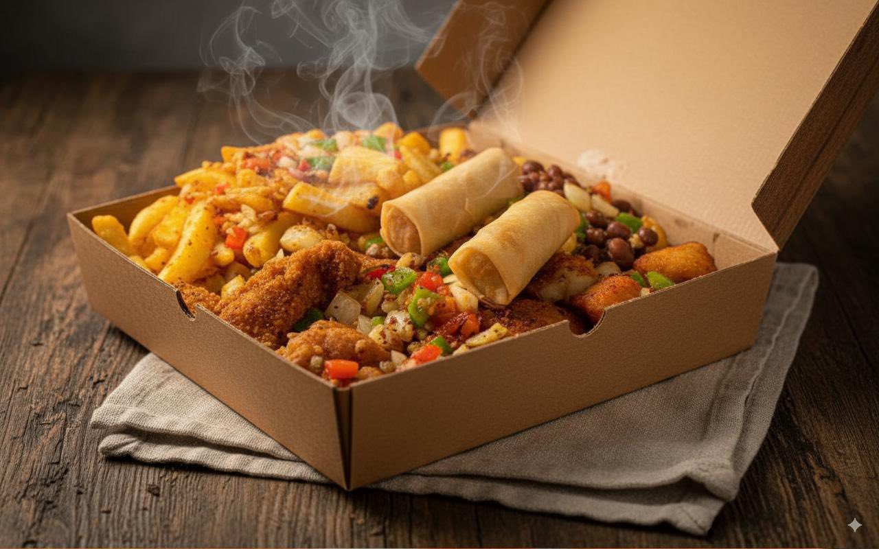 The Mega Box — chips, spring rolls, chicken bites, curry, rice